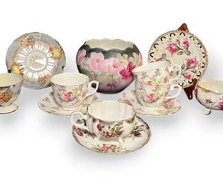 Floral  GoldToned Tea Cups, Saucers  More