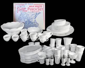 Anchor Hocking Milk Glass Dishes, Cups,  Punch Bowl Set w Original Box