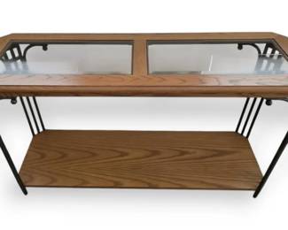 Craftsman Style Wood  Metal Entry Table With Clear Beveled Glass Top