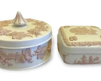 Two Wedgwood Queensware Pink on White Ceramic Trinket Boxes