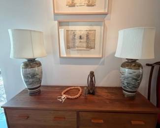 MCM 4-Drawer Dresser ~ Pr. Antique Ceramic Chinese Lamps