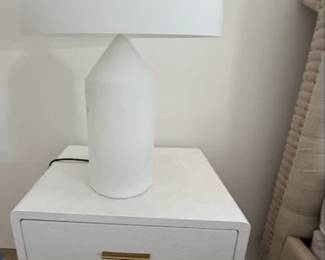 Pr. White Leather Embossed Night Stands ~ Glass Table Atollo Lamps