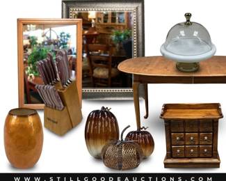 Art glass, vintage furniture, kitchenware, knives, watches, jewelry, gold, sterling silver, wall decor, stained glass and much more