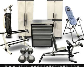 Garage storage, exercise equipment, golf clubs, inversion table, tools, and much more