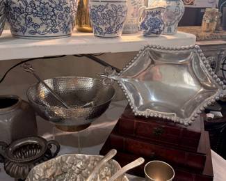 Pewter servingware and blue and white