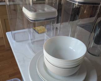 Dishes and large Tupperware 