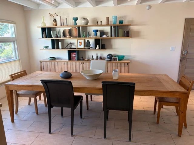 Archetype dining table, 118" x 42", (2) Archetype chairs, (3) leather side chairs
