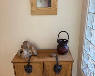 Vintage Asian chest, antique Cypress root sculpture and Japanese bamboo Ikebana vessel