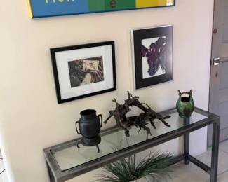 Metal and glass console table, Ronald Johnson triptych, bronze Ikebana vessel