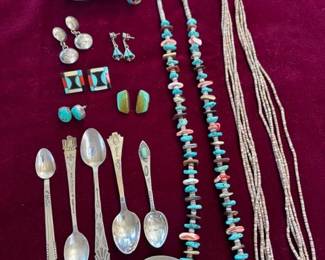 Vintage sterling and turquoise Native American jewelry and flatware, etc