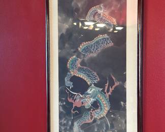 Framed Japanese watercolor of dragon
