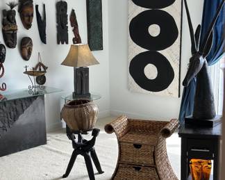 African Oryx/Antelope Bust, African wood masks, woven d rawer unit , large contemporary abstract painting on canvas signed Jo Long 