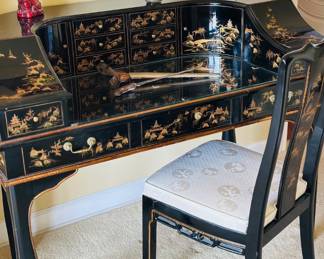 Oriental black lacquer desk with chair, intricate hand painted chinoiserie, curved silhouette desk