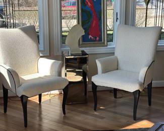 Pair of matching arm chairs( can't be picked up until after the house sells) , display pedestal with light, Stargazer bust sculpture made of frosted lucite acrylic, signed 