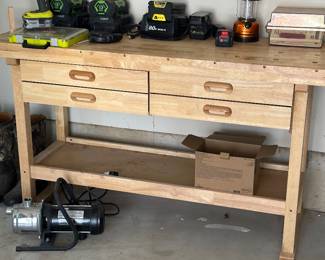Work bench, cordless power tools , lawn sprinkling pump 