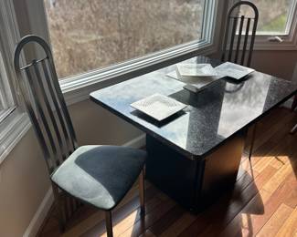 Metal framed chair, high slated back