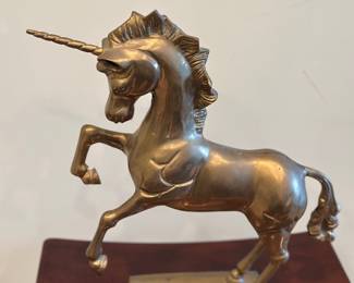 Brass unicorn sculpture, mid-century modern, 16 1/2 inches tall