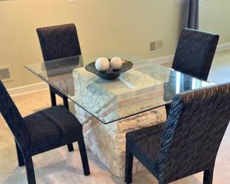 1980s postmodern dining table with tessellated mactan stone base /glass top 