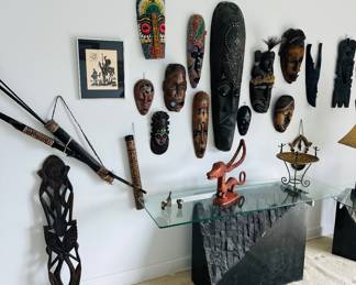 African tribal handmade hand carved wooden masks, African tribal weapon bow arrow set 