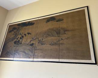 4 panel Japanese 1960's Showa Era "Skylarks & Pine Tree" 96" W x 48" H