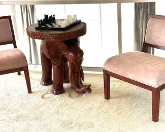 Hand carved wooden Elephant accent table ( 2' 5" T x 2' 4" W) ,  modern armless accent chairs by Sitcom chairs, 