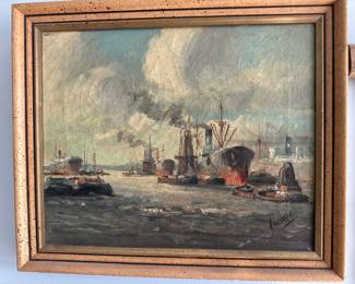 Vintage oil  painting Harbor Scene
