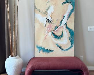 Jo Long painting on canvas , upholstered "folded bench", floor vase with dried branches 