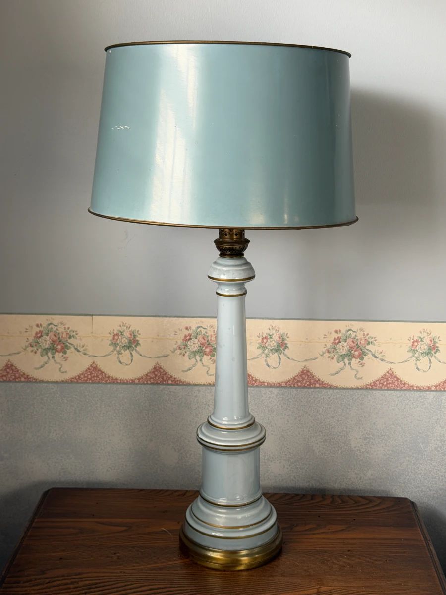 VINTAGE BLUE GLASS TABLE LAMP W DRUM SHADE
