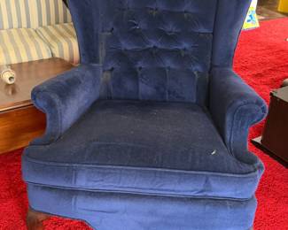 VINTAGE TUFTED WING BACK ARM CHAIR NAVY BLUE