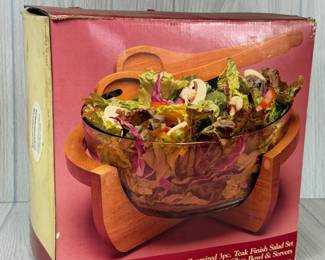 3 PC TEAK FINISH SALAD SET W GLASS BOWL NOS