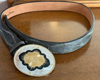 NOCONA BELT GENUINE LIZARD W SILVER PLATE BELT BUCKLE
