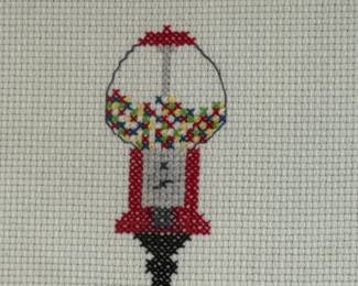 FRAMED CROSS STITCH GUMBALL MACHINE WALL ART