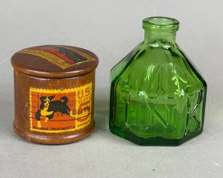 WHEATON GLASS INK JAR & WOOD STAMP ROLL DISPENSER