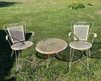 VINTAGE WROUGHT IRON PATIO SET 3 PC CHAIRS & TABLE