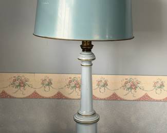 VINTAGE BLUE GLASS TABLE LAMP W DRUM SHADE