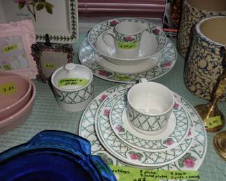 Sango Dishes (full set Pattern: Trellis Rose) Crocks, Brass Candle Sticks and Anchor Hocking Pie Dishes.