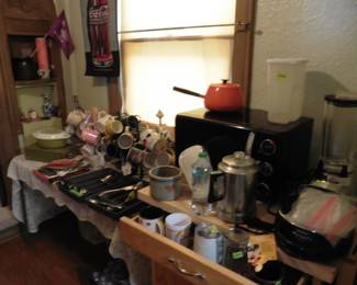 Coffee Cups, Pyrex ,Flatware, Mirowave, Kitchen Cart, Vintage Blender, Pancake Maker