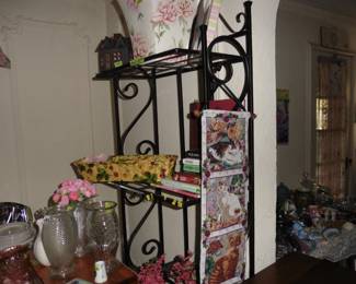 Pottery, Ceramics, Glass ware and Bakers Rack