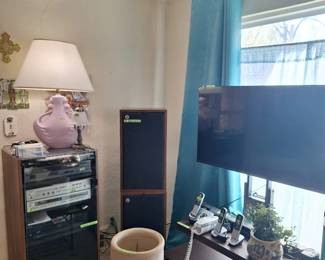 Art Deco Lamp, Stereo, DVD, VHS Equipment, TV (Roku) TV Stand, Vintage Crock Coffee Table