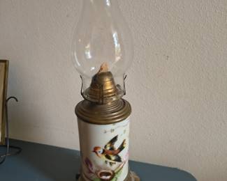 Old Brass lamp with hand painted birds