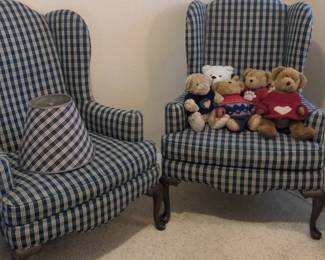 Ethan Allen Blue Gingham Wingback chairs