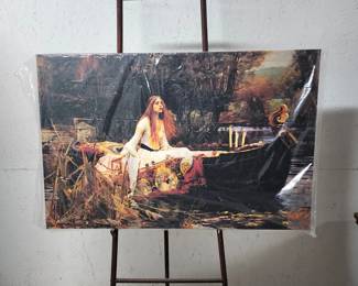 Art canvas Lady of Shalott like new in plastic. Antique easel on the sale too