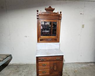 victorian walnut washstand w marble top (marble backsplash cracked)