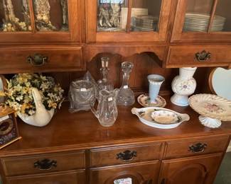Swan plant holder; 15 jewel Swiss clock; Staffordshire bone china Cake dish; Belleek (Ireland) Songbird Vase; Queensware Wedgewood Blue vase