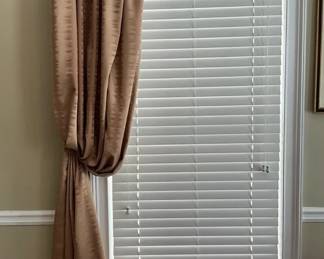 Six Beige Curtains, Rods And Tie Backs