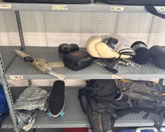 Punching gloves, skateboard, paintball gun