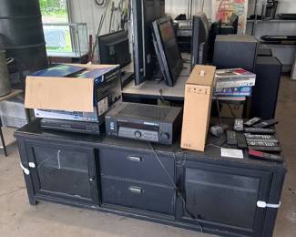 TV stand, radio, remotes