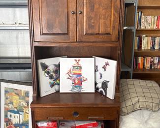 Painting, wooden cabinet, paper