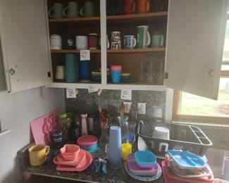 Plastics, mugs and travel bottles, kids dishes
