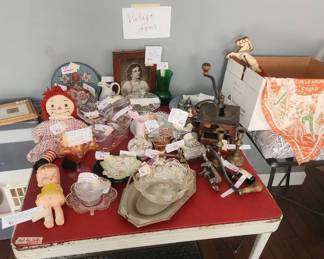 Vintage items, Marigold carnival glass, 1958 Edward Mobley "kitsch Cutie" doll (still squeaks) 1920s OVB Food Choppers, Vintage Fisher Price General Hauling Wagon, 1950s and 60s dinnerware and serving platter